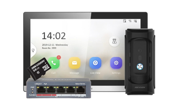 Комплект IP-видеодомофона Hikvision (DS-KH6350-TE1 7'' + DS-KB8113-IME1(B)UKR 95&deg; + DS-3E1105P-EI + HS-TF-P1/32G)